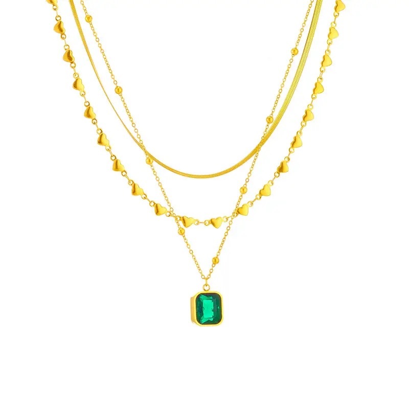 Luxury Fashion Multi Layer Titanium Steel Metal Chain Texture Hollow Heart Pendant Necklace